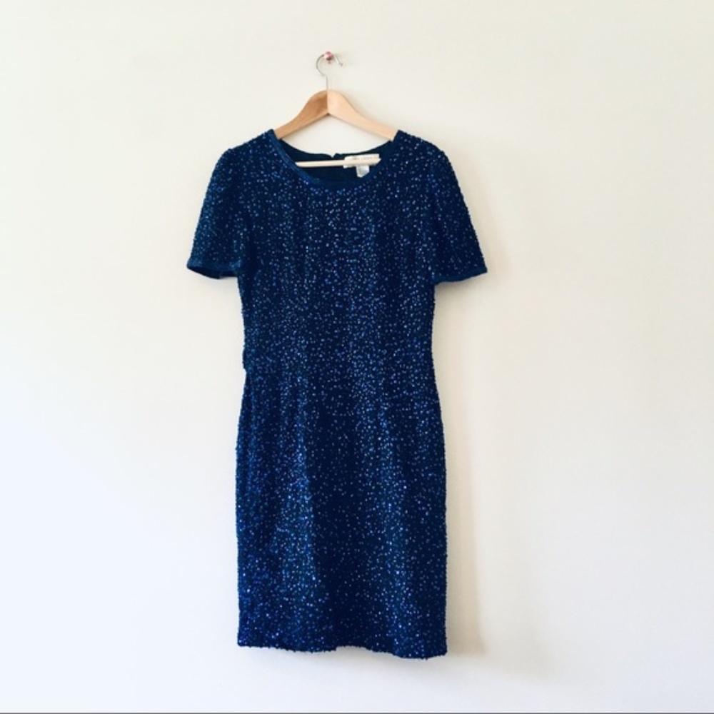 Vintage 80s dress  blue sequins sparkle silk party cocktail size 4